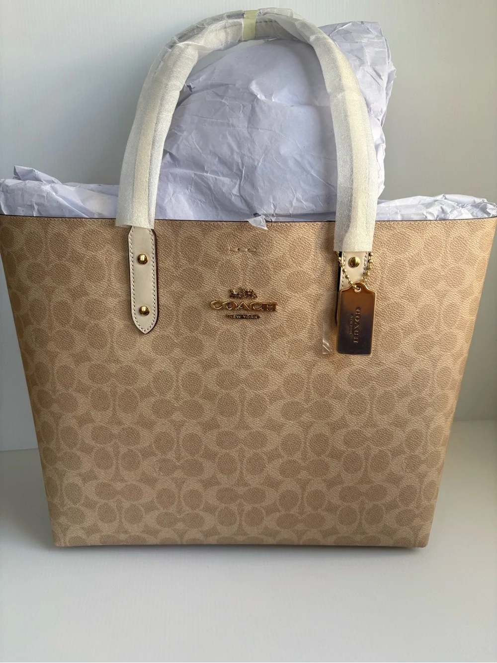 Coach Town Tote in Signature Coated Canvas # CBQ46 Khaki/Chalk Shoulder Bag XL